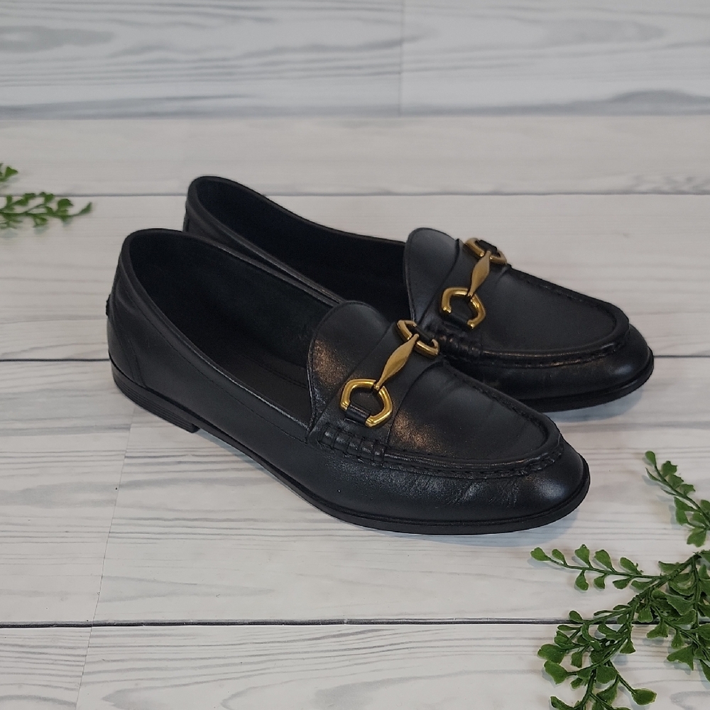 Zara Black Leather Loafers with Gold Bit